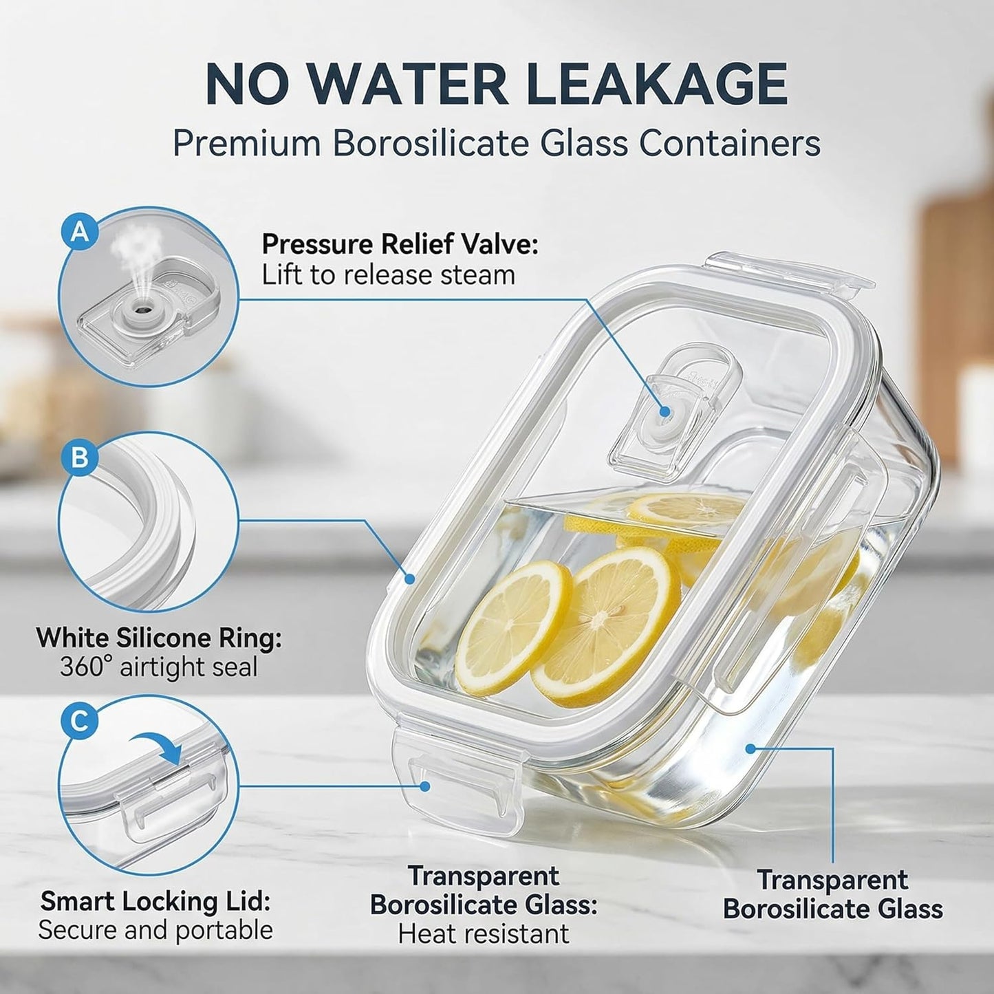 Glass Food Storage Containers with Airtight Lids, 3-Piece Set, Stackable Meal Prep Containers (Transparent White)