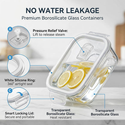 Glass Food Storage Containers with Airtight Lids, 3-Piece Set, Stackable Meal Prep Containers (Transparent White)