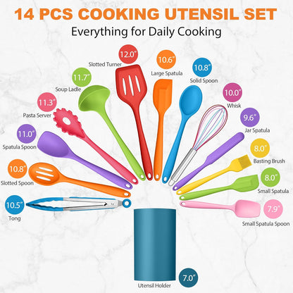 LIANYU 14 Pcs Silicone Kitchen Utensils Set with Holder, 446°F Heat Resistant Silicone Cooking Kitchen Utensils Spatula Set, Non-Stick & Dishwasher Safe Cooking Tools, Comfort Grip Handle, Black
