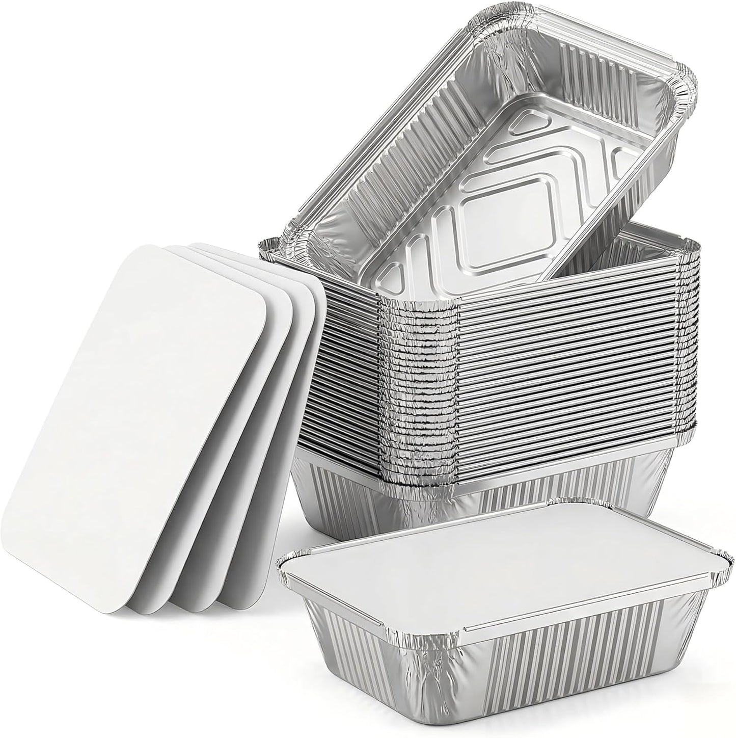 50 Pack Aluminum Pans with Cardboard Lids, 8.3"x6.2", 2.25 LB | Heavy duty disposable foil containers, trays for baking, meal prep, roasting, food storage