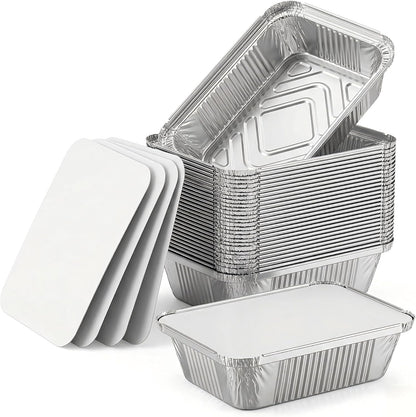 50 Pack Aluminum Pans with Cardboard Lids, 8.3"x6.2", 2.25 LB | Heavy duty disposable foil containers, trays for baking, meal prep, roasting, food storage