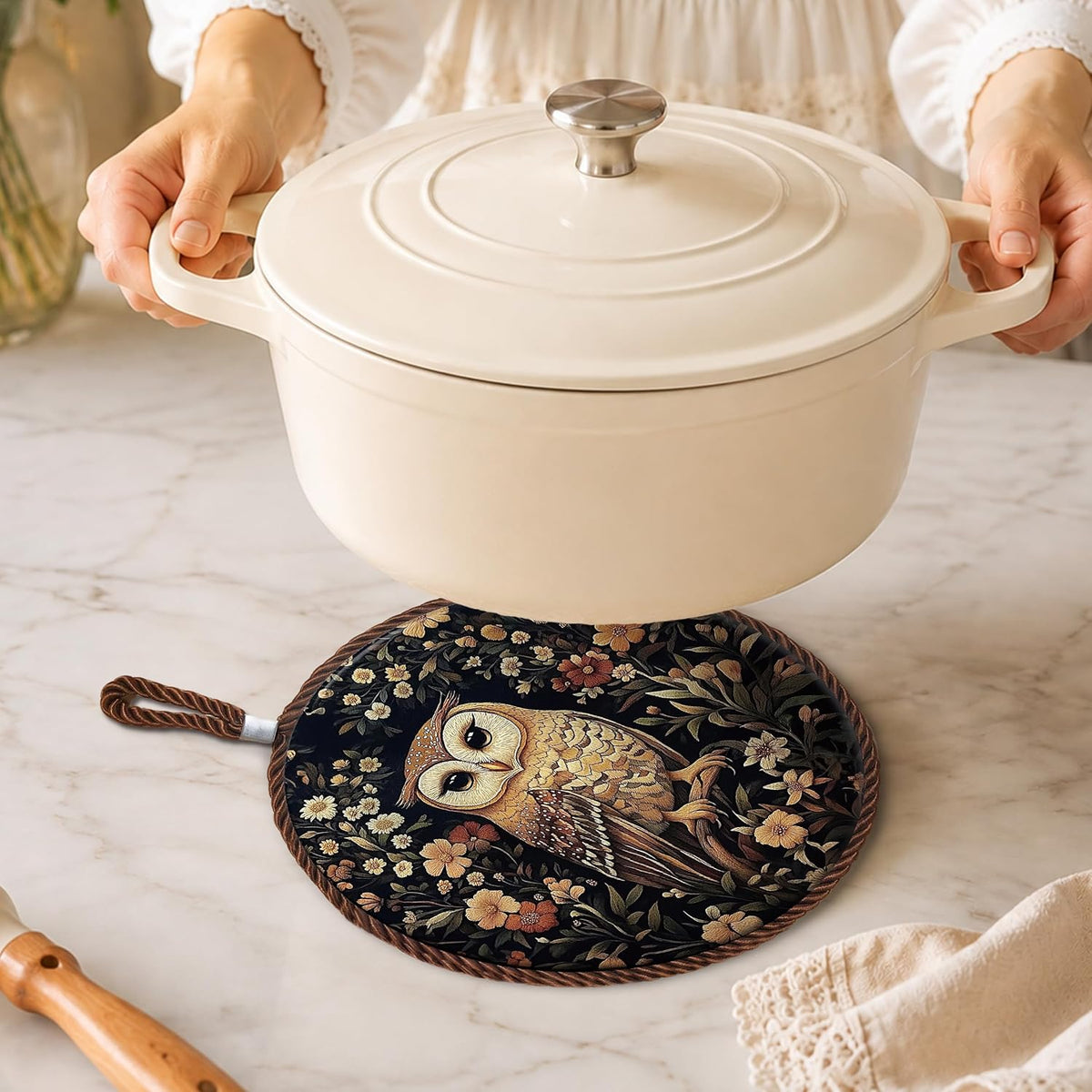 Vintage Owl Flower Ceramic Trivets for Hot Dishes