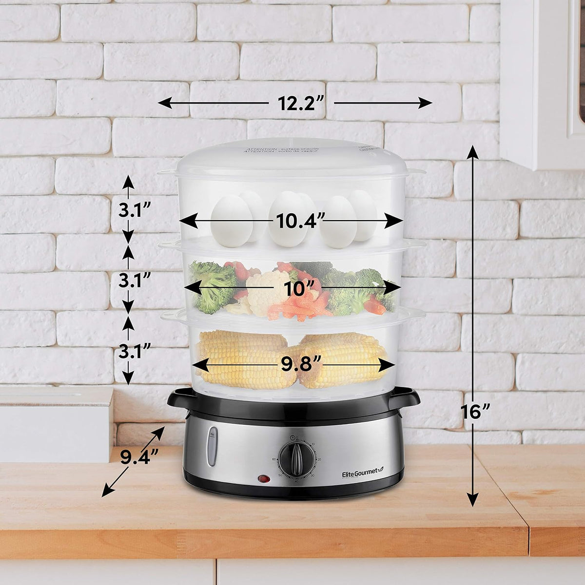 Elite Gourmet Electric Food Steamer, 3-Tier BPA-Free, 9 Qt, Stainless Steel