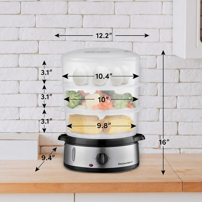Elite Gourmet Electric Food Steamer, 3-Tier BPA-Free, 9 Qt, Stainless Steel