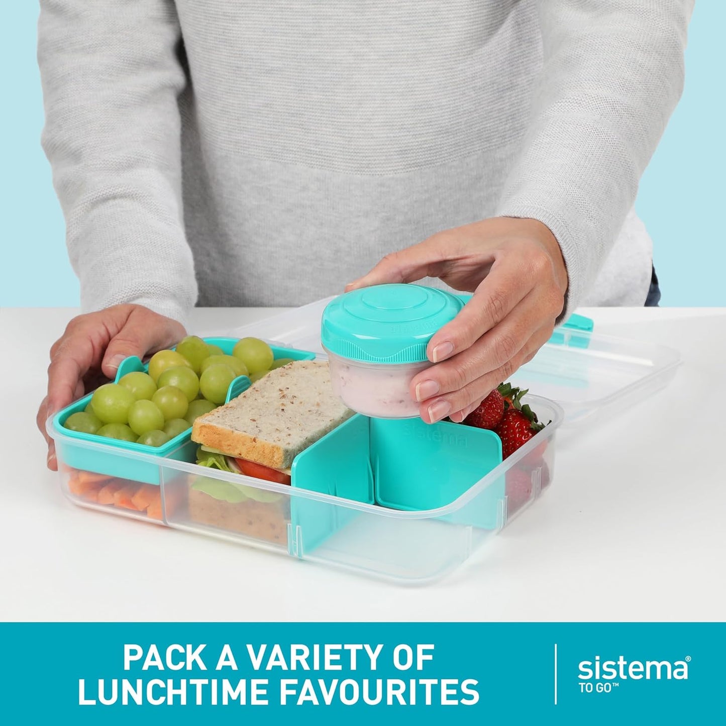 Sistema Bento Box Adult Lunch Box with 3 Compartments, 2 Removable Trays, and Salad Dressing Container, Dishwasher Safe, Color May Vary, 42 oz./1.25L Size (Pack of 4)