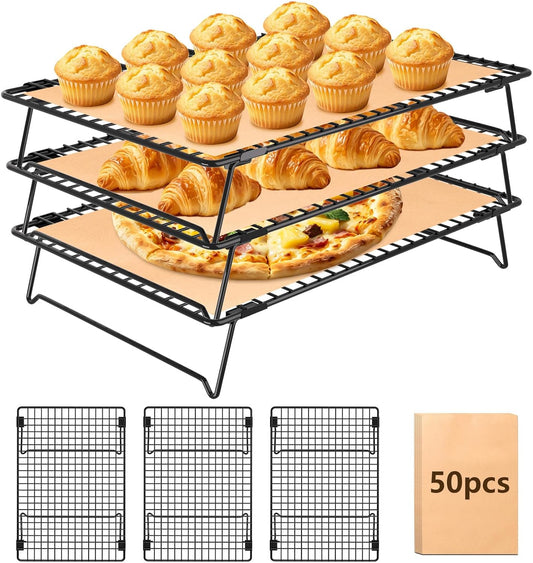 13.4 * 9.4 IN 3-Tier Collapsible Cooling Rack with 50 Pcs Baking Papers