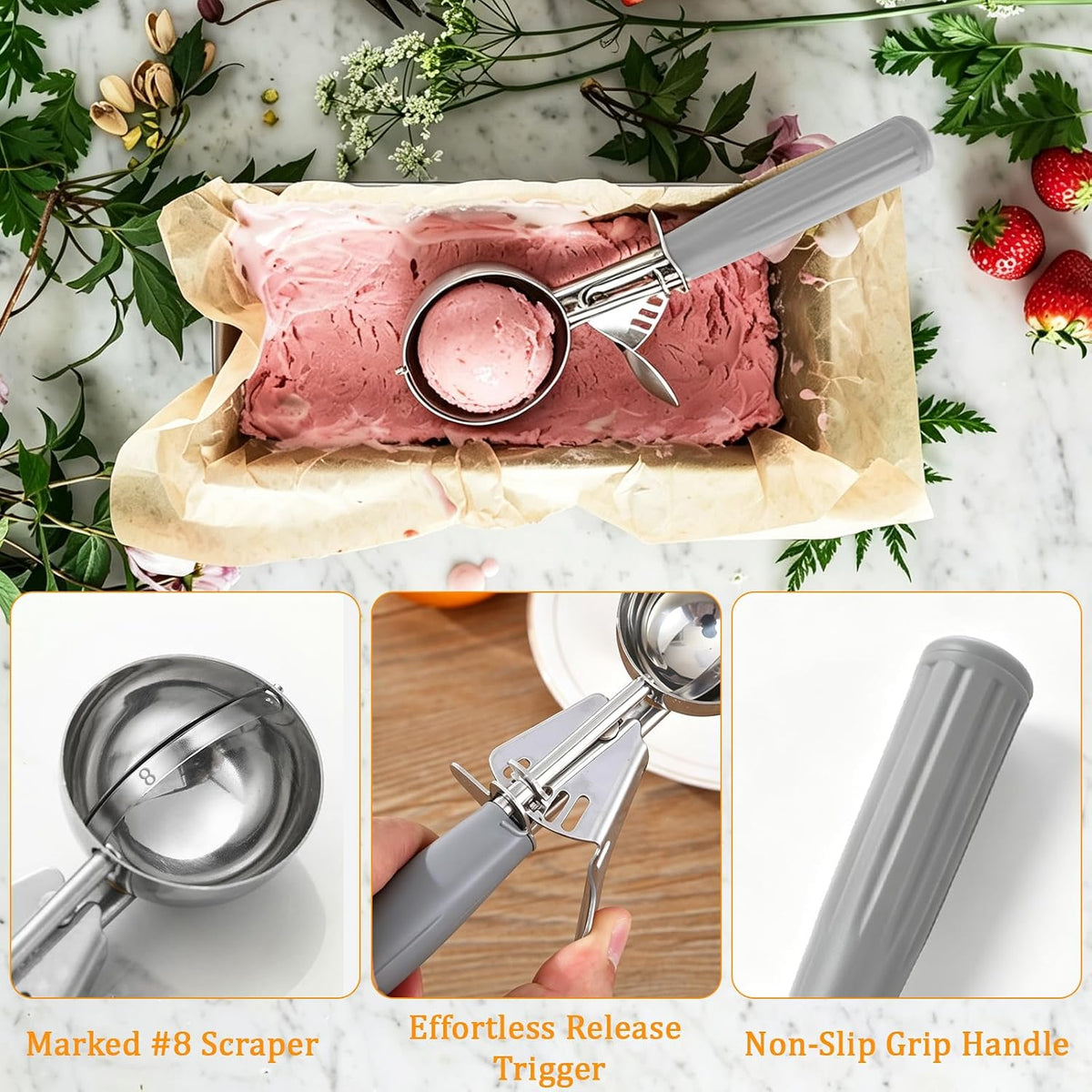 4 Pcs Ice Cream Scoop with Trigger 4 oz Stainless Steel Cookie Dough Scoops