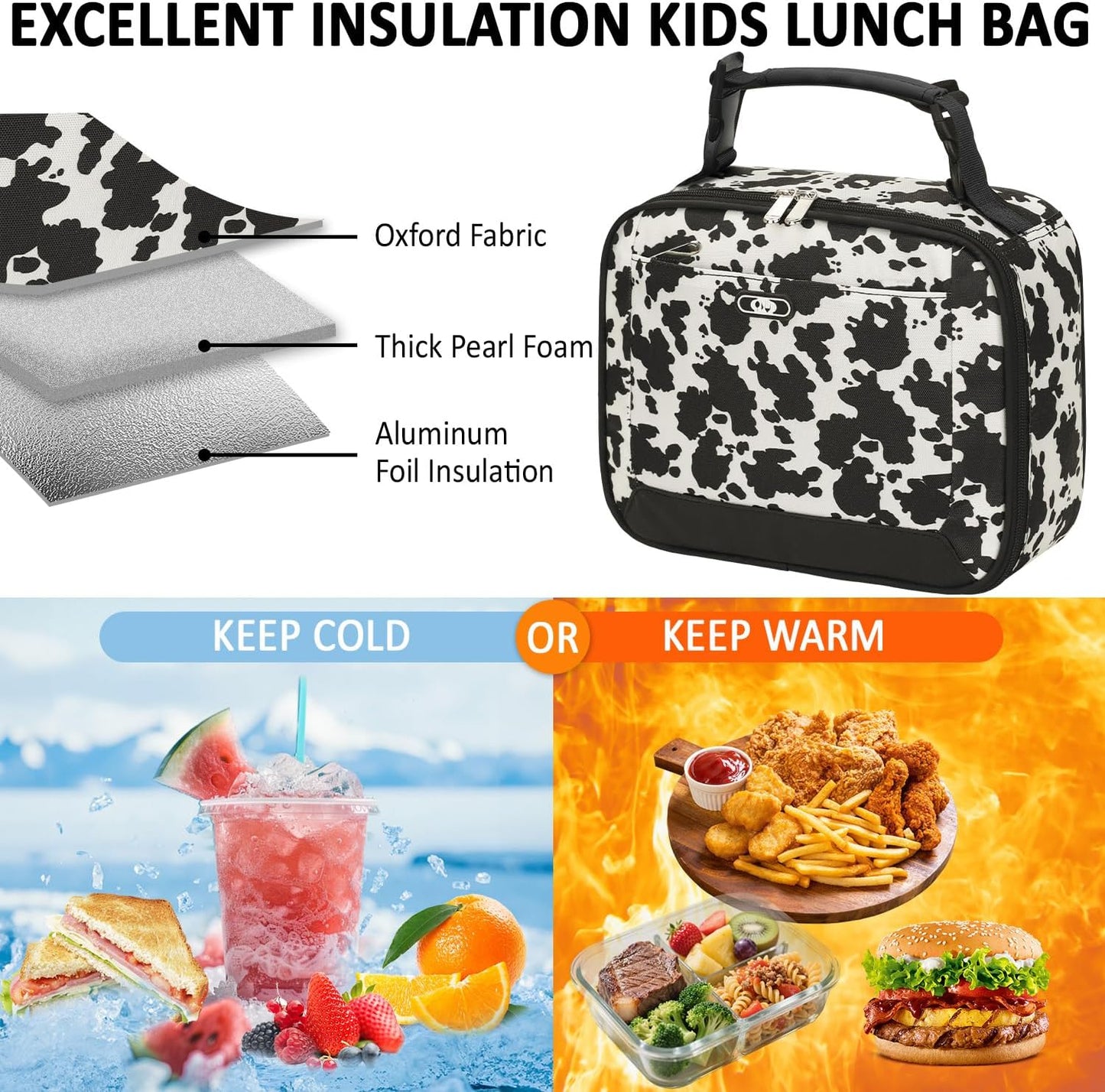 Lunch Box Kids Insulated Lunch Bag for Boys Girls Cute Reusable Lunch Tote Bag Waterproof Portable Thermal Lunch Box Kids for School Picnic Travel Black
