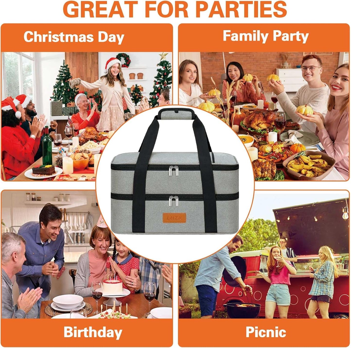 LHZK Insulated Casserole Carriers for Hot or Cold Food, Lasagna Holder Tote for Potluck Parties, Beach, Picnic, Travel, Fits 11x15 or 9x13 Dish (Black)