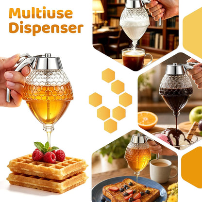 Glass Honey Dispenser 8 Ounces - Drip-Free Honey Jar With Glass Stand, Kitchen Leak-Proof Syrup Dispenser, Elegant Honeycomb Design For Storing Honey, Maple Syrup And Coffee Syrup