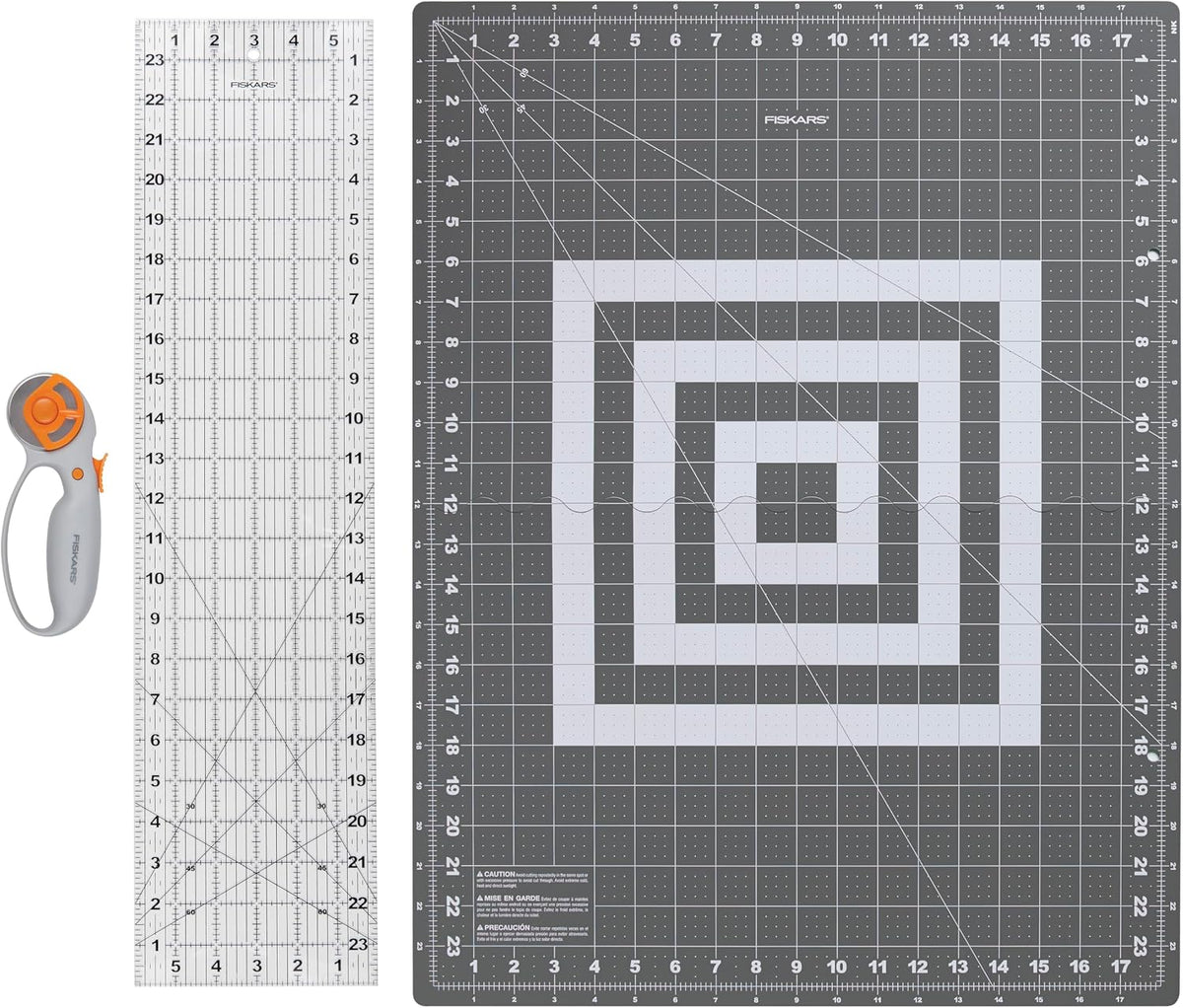Fiskars 3-Piece Fabric Cutting Set, Rotary Cutter, Cutting Mat & Ruler
