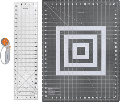 Fiskars 3-Piece Fabric Cutting Set, Rotary Cutter, Cutting Mat & Ruler