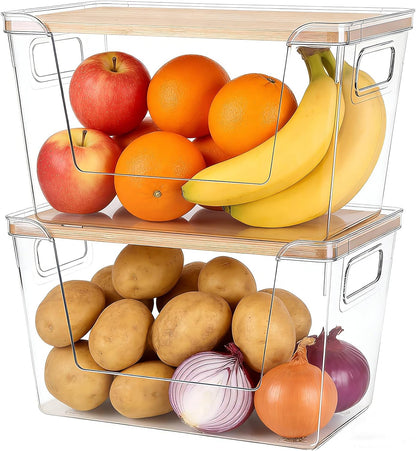 2 Set Pantry Organizers and Storage - Stackable Pantry Storage Bin Containers for Potato, Onion, Garlic, Fruit, Vegetable, Produce - Clear Front Open Kitchen Under Sink Organizer with Lid