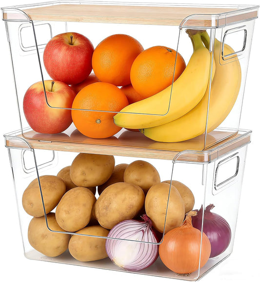 2 Set Pantry Organizers and Storage - Stackable Pantry Storage Bin Containers for Potato, Onion, Garlic, Fruit, Vegetable, Produce - Clear Front Open Kitchen Under Sink Organizer with Lid