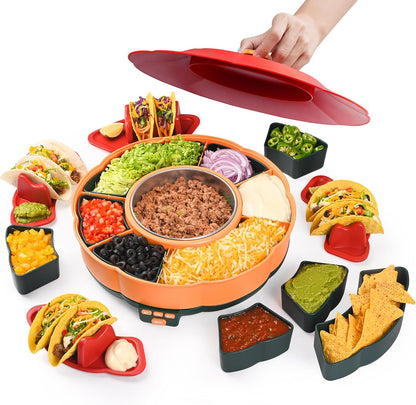 Taco Tuesday Kit - Taco Bar Serving Set for a Party with 33oz Heated Pot, 4 Taco Holders, Detachable Lazy Susan Tray, Perfect for Parties, Nachos Taco Night Fiesta Unique Couple & Housewarming Gift