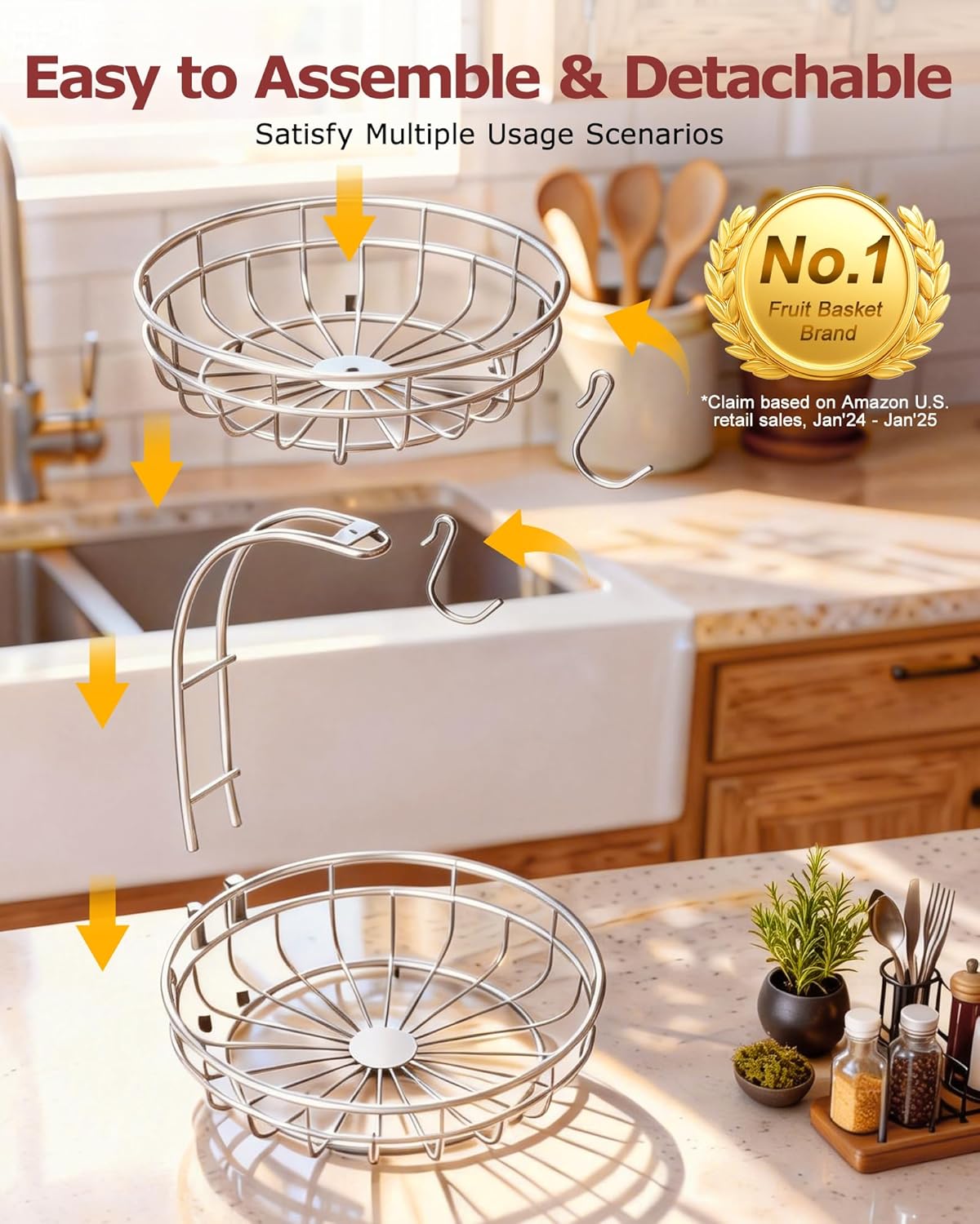 Sevenblue 2 Tier Large Fruit Basket for Kitchen Counter with Removable Banana Hanger - Sturdy Iron Fruit Bowl for Kitchen Counter and Vegetable Holder, Fruit Holder for Home Decor, Black