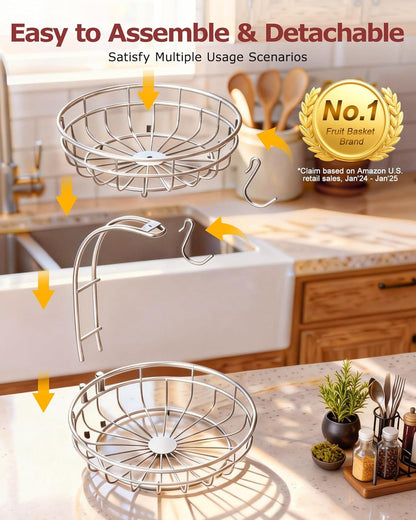 Sevenblue 2 Tier Large Fruit Basket for Kitchen Counter with Removable Banana Hanger - Sturdy Iron Fruit Bowl for Kitchen Counter and Vegetable Holder, Fruit Holder for Home Decor, Black