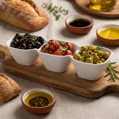 Restaurantware 18 Ounce Triple Bowl Serving Dish 1 Square Porcelain Condiment Tray - Serve Snacks Dips or Condiments For Parties Buffets Or Catering White Porcelain 3 Section Serving Dish