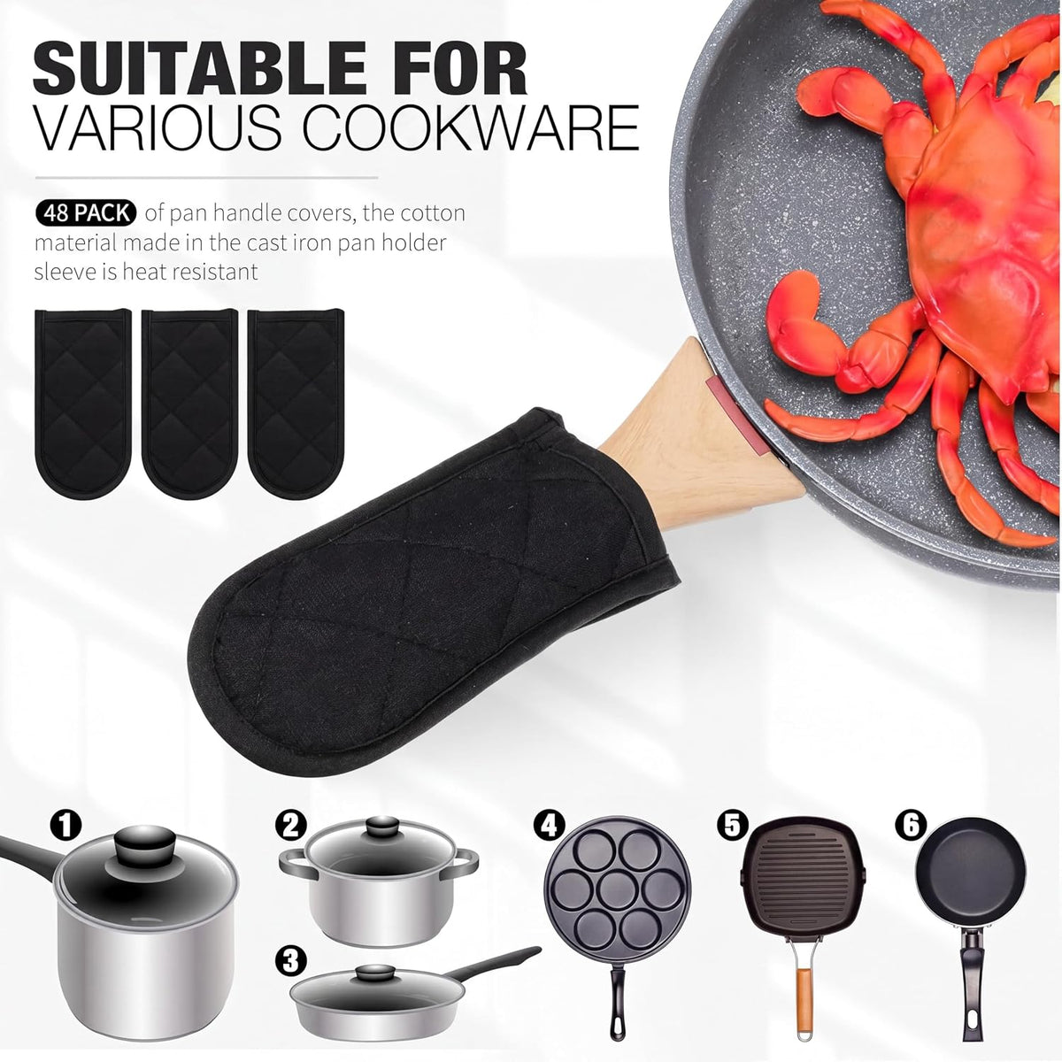 Dandat 24 Set Hot Handle Covers for Daily Replace Use Gift Pan Handle Sleeve Covers Heat Resistant Cast Iron Holder Sleeve Washable Handgrip Mitts for Christmas Kitchen Gifts Craft (Black)