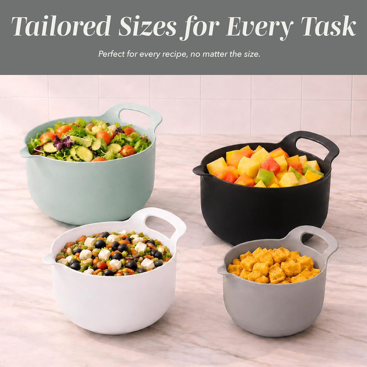 COOK WITH COLOR Nesting Plastic Mixing Bowl Set with Pour Spouts and Handles, Gray, Non-Slip