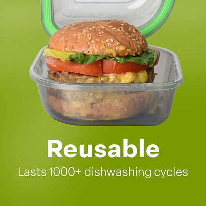MyGo Container Large To-Go 3-Compartment Food Containers, Pack Of 3, 9-3/8" X 9-3/8" X 2-1/2", Reusable, Microwave Safe, NSF Certified, Smoke/Green