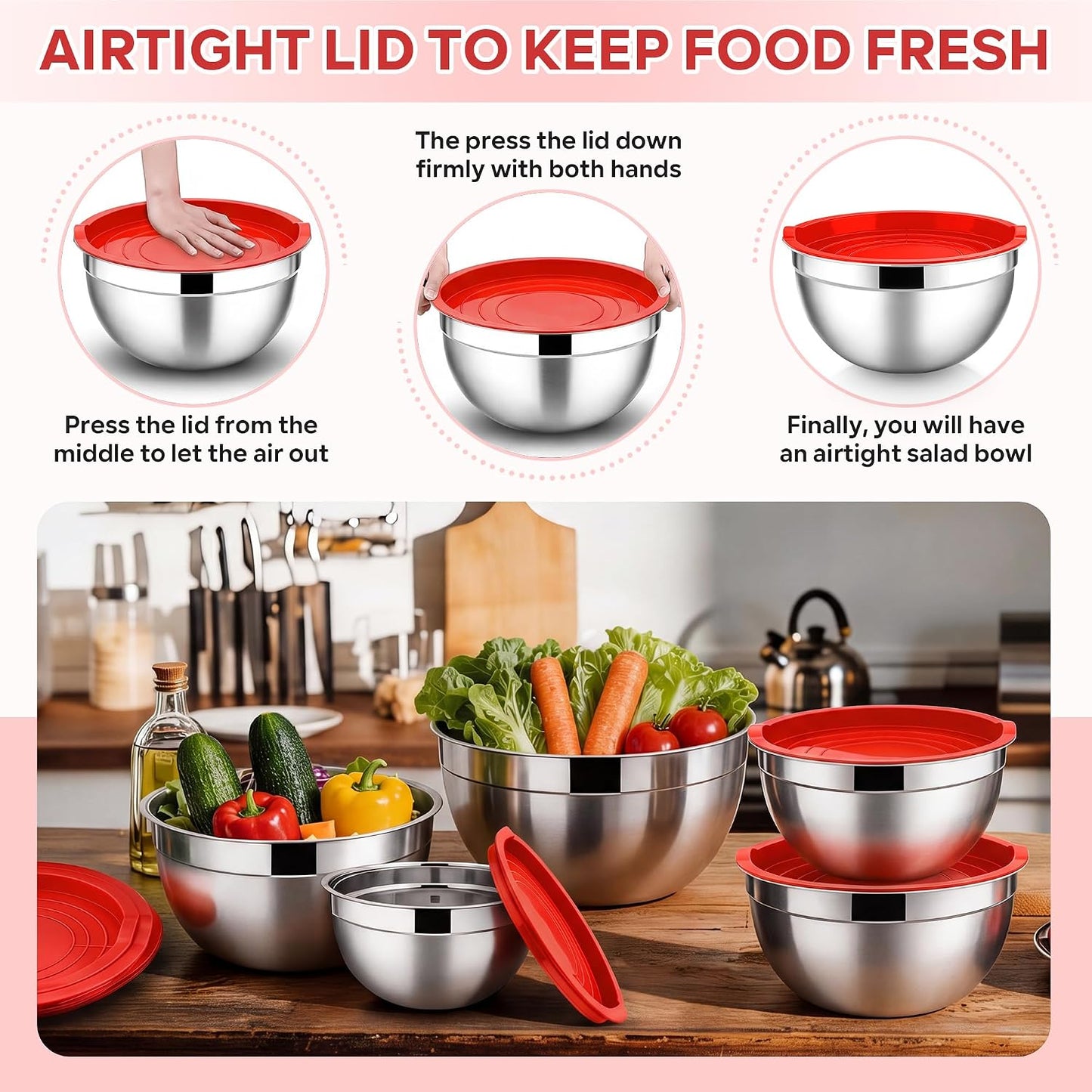 E-far Mixing Bowls With Lids Sets of 5, 10-Piece Stainless Steel Salad Metal Nesting Bowl for Baking Cooking and Prepping, Airtight Lid & Stackable Design, Size 4.6, 3, 2.1, 1.5, 0.7 QT, Black