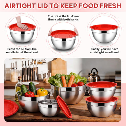 E-far Mixing Bowls With Lids Sets of 5, 10-Piece Stainless Steel Salad Metal Nesting Bowl for Baking Cooking and Prepping, Airtight Lid & Stackable Design, Size 4.6, 3, 2.1, 1.5, 0.7 QT, Black