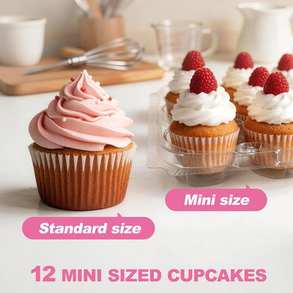 LotFancy (12 Count x 12 Sets) Cupcake Containers with 144 Liners, Thick Plastic Cupcake Boxes Holders, BPA Free, Disposable Cupcake Carrier with Detachable Tall Dome Lid