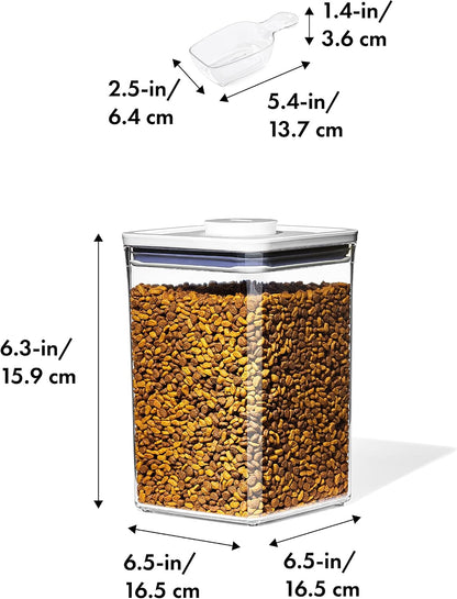 OXO Good Grips Pet POP Container – 6.0 Qt/5.7 L with Half Scoop, Ideal for up to 6.5lbs of Dog Food or 4.5lbs of Cat Food, Airtight Dog and Cat Food Storage Container, BPA Free, Clear