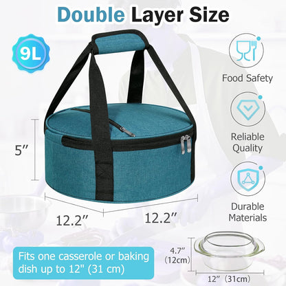 Round Insulated Casserole Carrier – 12" Portable Pie Carrier Bag for Hot or Cold Food, Leakproof Thermal Lunch Tote with Handle for Parties Picnic & Travel - Grey