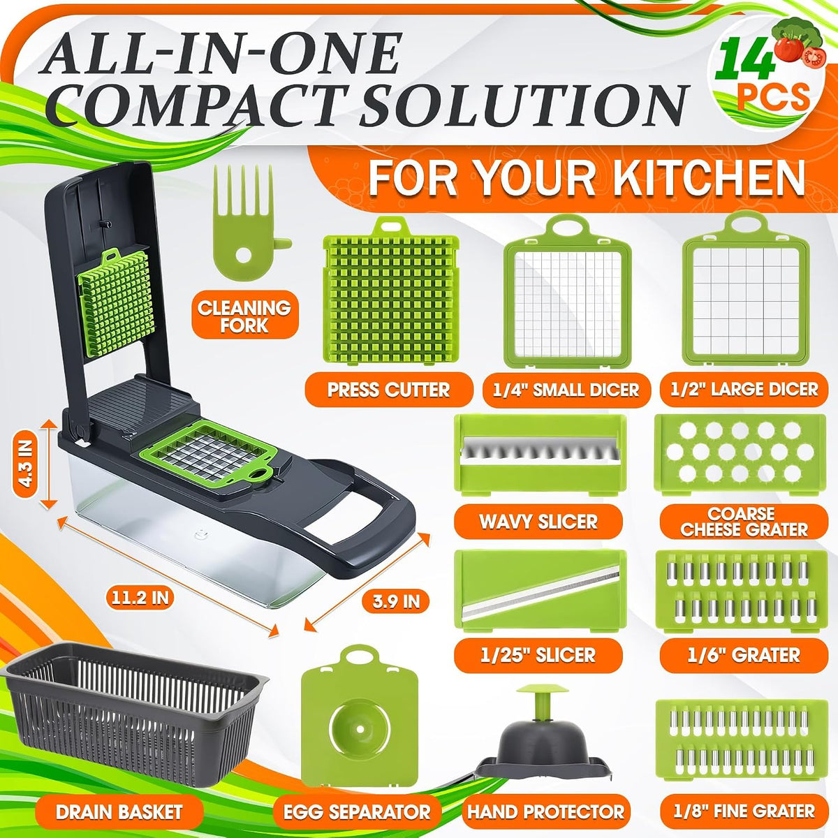 14-in-1 Vegetable Chopper with Container, 6 Blades & Finger Guard