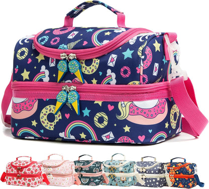 Insulated Kids Dual Compartment Lunch Bags Tote Pack for Girls Boys Toddler Kindergarten School Picnic Cooler Thermal Lunch Boxes with Strap (Green Rainbow)