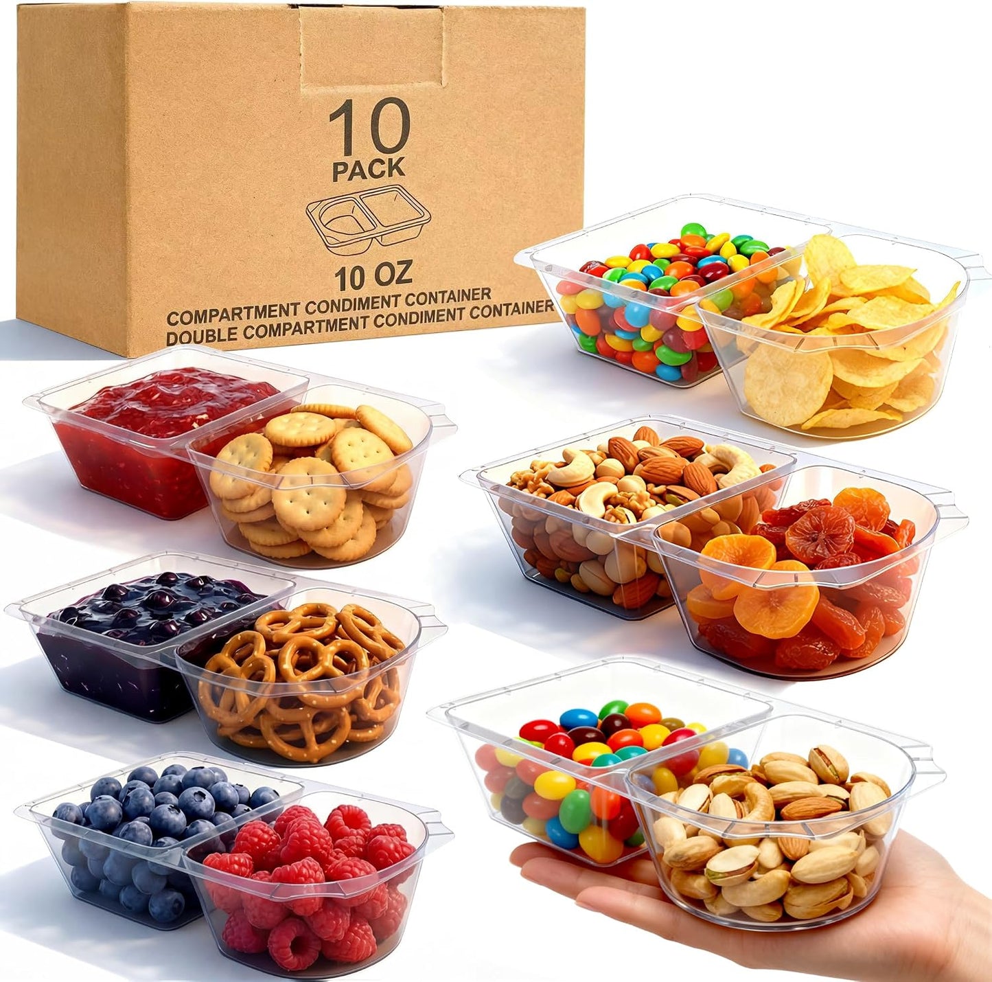 10 OZ Reusable Snack Containers with Lids & New Snack Pack Containers-Double Compartment Meal Prep Containers,Compartment Condiment Containers,Perfect for Bulk Meal Prep & On-the-Go (10 Sets)