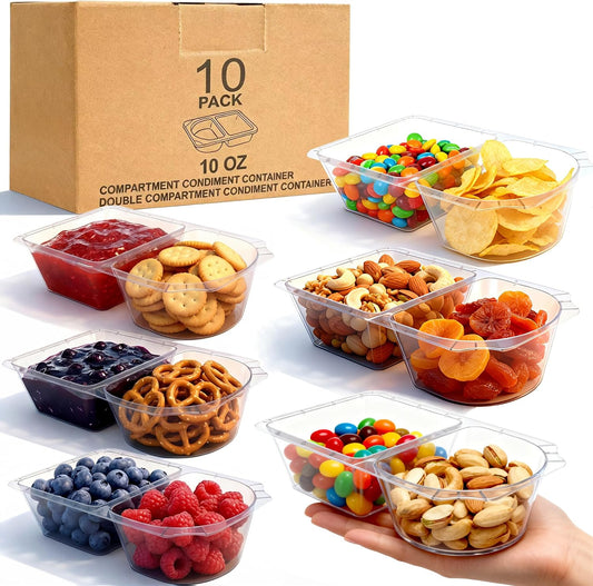 10 OZ Reusable Snack Containers with Lids & New Snack Pack Containers-Double Compartment Meal Prep Containers,Compartment Condiment Containers,Perfect for Bulk Meal Prep & On-the-Go (10 Sets)