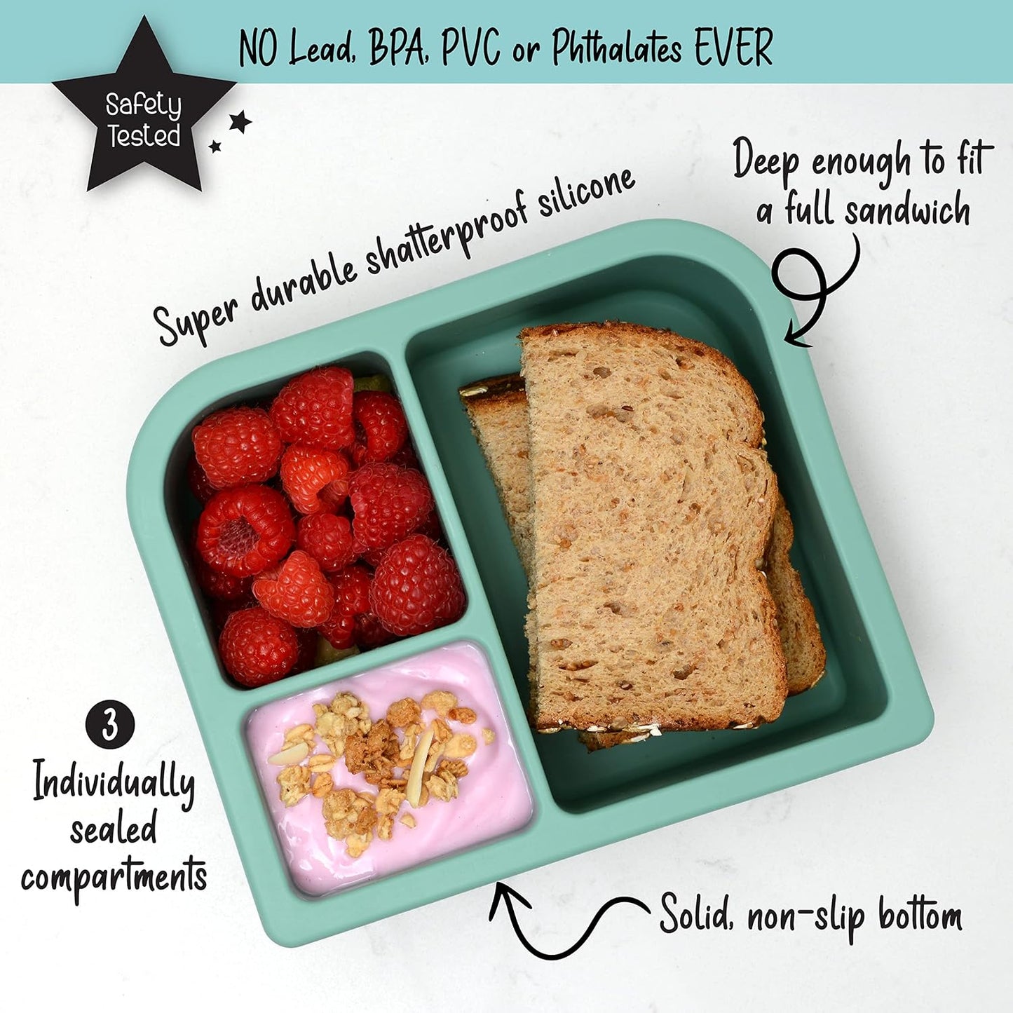 PrimaStella Unbreakable Silicone Lunch Box for Kids and Adults - Divided Leak Proof Bento Box (Slate Blue)
