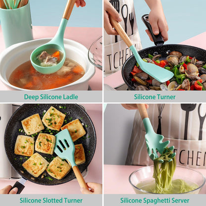 Silicone Kitchen Utensil Set, 11-Piece Non-Stick Safe Cooking Tools with Wooden Handles & Holder - Includes Spatula, Ladle, Tongs, Spoon, Whisk, Pasta Server - Heat Resistant up to 446°F