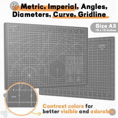 Self Healing Cutting Mat 18" x 12", A3 Double-Sided for Quilting & Sewing, Non-slip, 5-Ply Rotary Cutting Mat for Crafts Cutting Fabric Scrapbooking, and Small Modeling Projects, Anthracite Gray