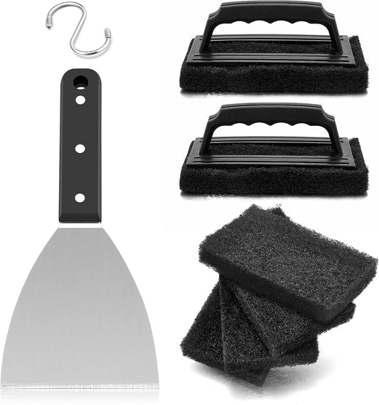 HaSteeL Griddle Cleaning Kit, 7PCS Flat Top Grilling Cleaner Tools Set, Metal Dough Scraper, Cleaning Brush with Handle, Scouring Pads for BBQ Cast Iron Kitchen Cookware Stovetops Hot & Cold Surfaces