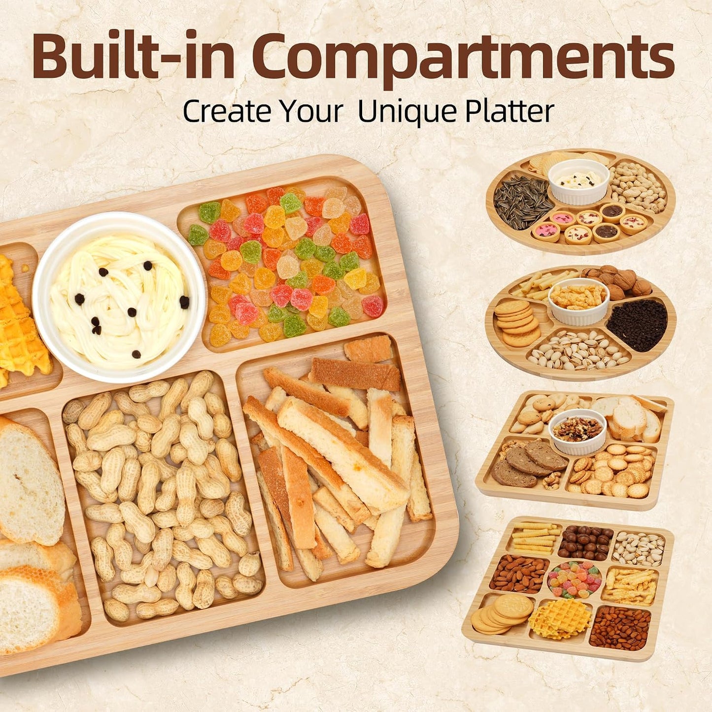 WILLKOMMEN Charcuterie Board with Lid- 5 Compartment Round Serving Tray with Handle & Locking Lid, Portable Bamboo Serving Platter, Serving Dishes for Party Picnic Cheese Snack