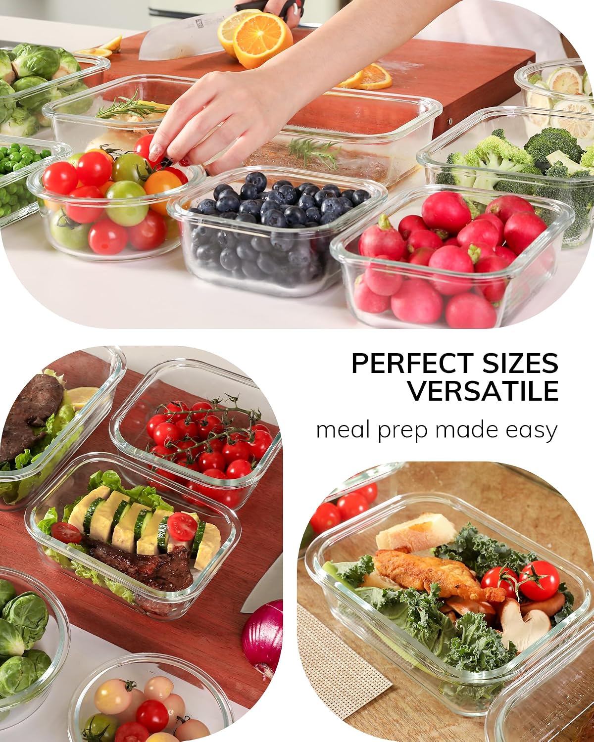 5-Pack Borosilicate Glass Containers with Tempered Glass Lids, 35.2oz/4.4 Cup Airtight Meal Prep Set, Microwave/Freezer Safe (Gray)