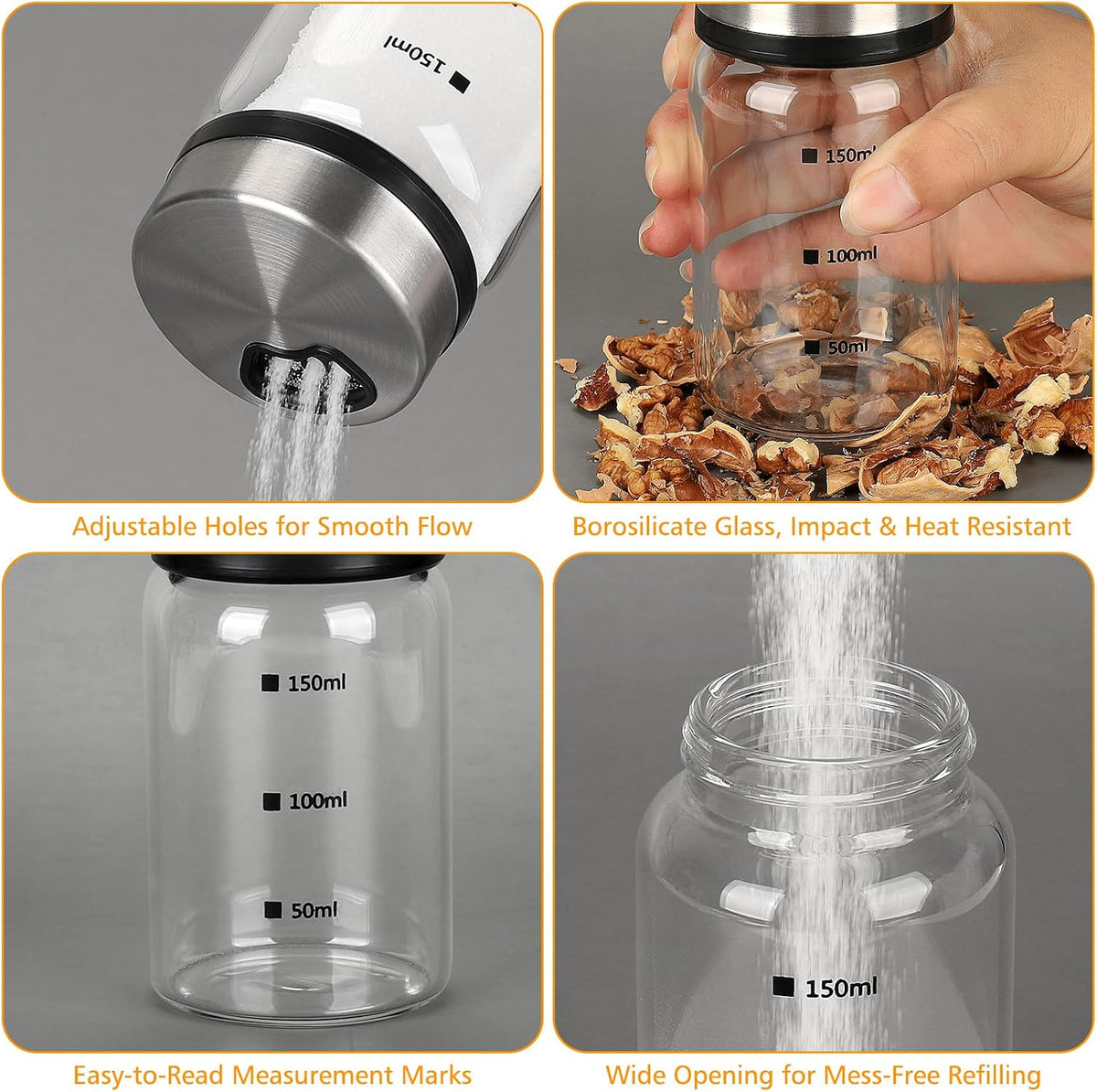Accmor Salt Pepper Shakers with Adjustable Holes, Glass Spice Shaker Seasoning Cans for Kitchen, Home Restaurant Farmhouse BBQ Camping