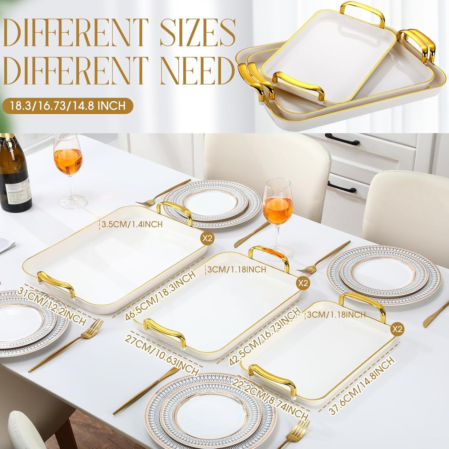 Rtteri Set of 6 Serving Platters with Handles 18.3/16.73/14.8 Inch Large Rectangular Trays, Reusable Pet Plastic for Entertaining, Dinner Parties, Weddings(Round Beads Handles,White)