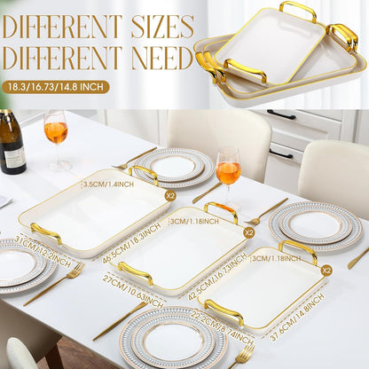 Rtteri Set of 6 Serving Platters with Handles 18.3/16.73/14.8 Inch Large Rectangular Trays, Reusable Pet Plastic for Entertaining, Dinner Parties, Weddings(Round Beads Handles,White)