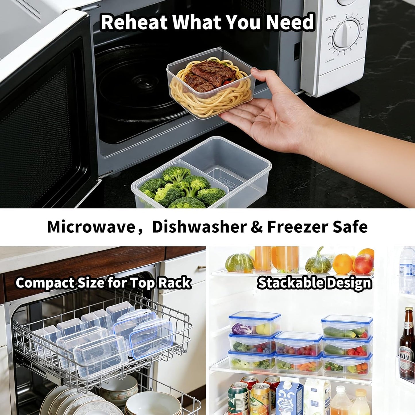 KIGI Airtight Reusable Meal Prep Containers, Leak-Proof & Stackable, 4-Sided Locking Lids, Ideal for Food Storage, Lunch & Leftovers, Microwave, Freezer & Dishwasher Safe, 39 oz, 4.8 Cup, 12 Piece Set