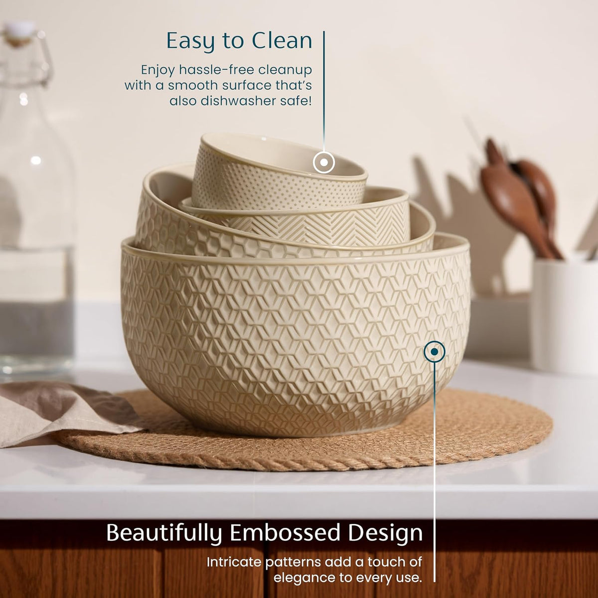 KooK Ceramic Nesting Bowls, Embossed, Oven Safe, Set of 4, Ivory