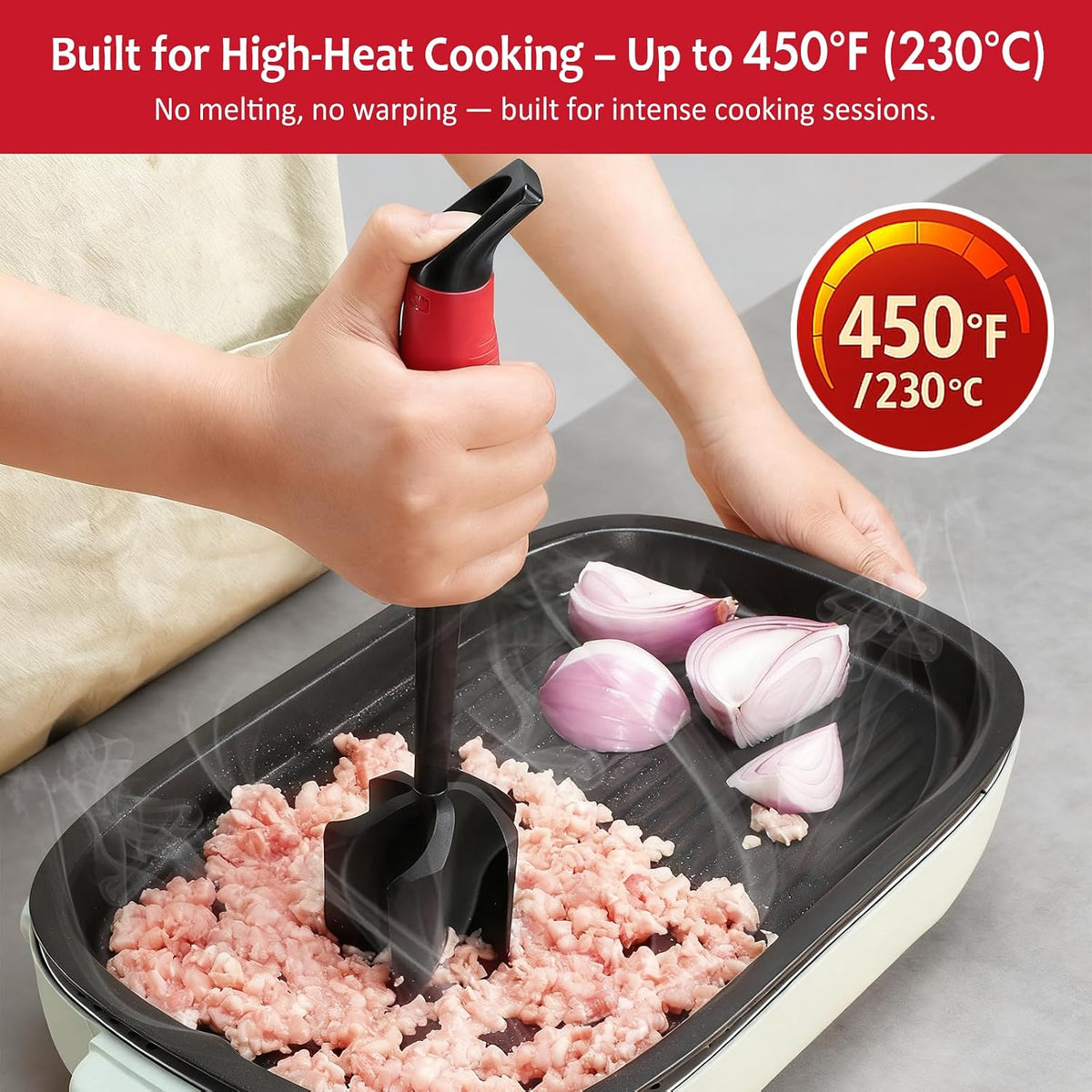 Ourokhome Meat Chopper and Potato Masher, Heat Resistant Nylon Ground Beef Smasher for Hamburger, 5 Curved Blades Nonstick Safe Mixer & Stirrer, Practical Kitchen Gadgets, Mint