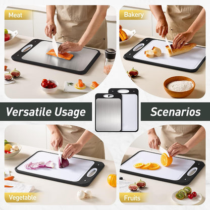 2 Packs Stainless Steel Cutting Board Set, Best Non Toxic Cutting Boards for Kitchen, Double Sided Metal Chopping Board for Meat/Fruit/Vegetables, Food Grade Kitchen Set Gift, [16”×11”+18”×12” Inch]