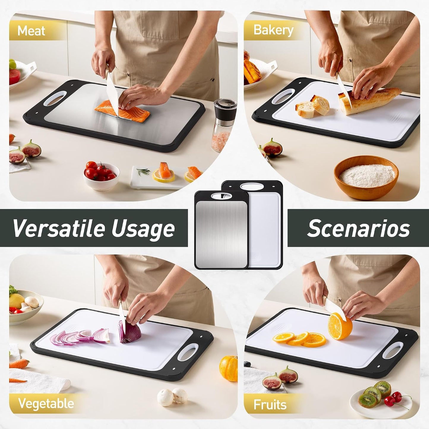 2 Packs Stainless Steel Cutting Board Set, Best Non Toxic Cutting Boards for Kitchen, Double Sided Metal Chopping Board for Meat/Fruit/Vegetables, Food Grade Kitchen Set Gift, [16”×11”+18”×12” Inch]