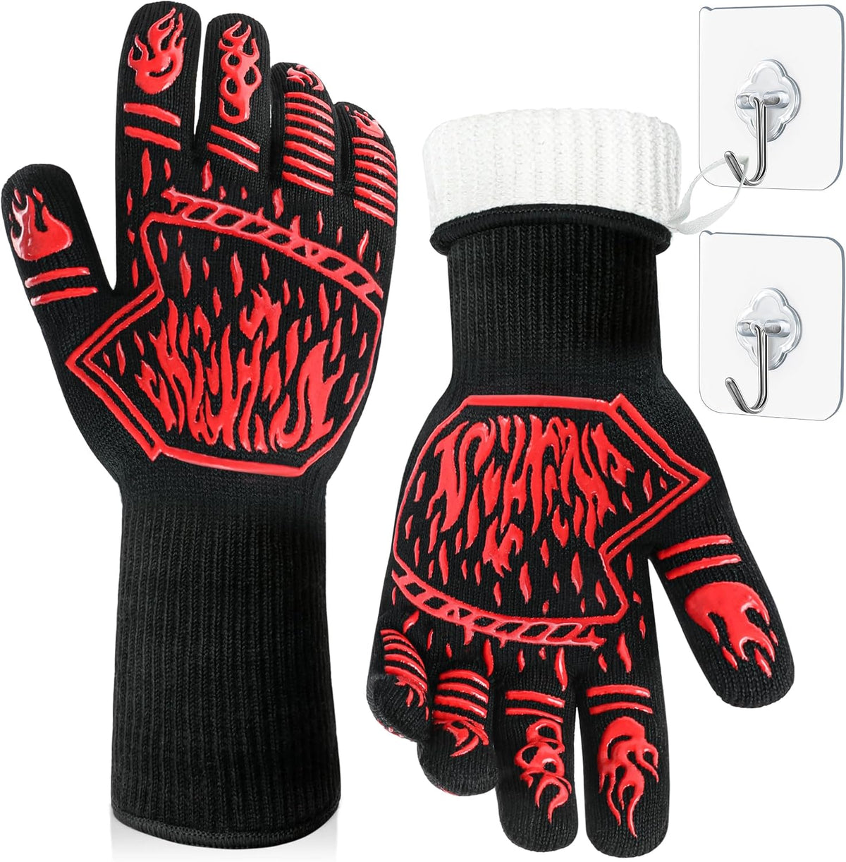 BBQ Gloves 1472F Heat Resistant Anti Slip Long with 2 Hooks