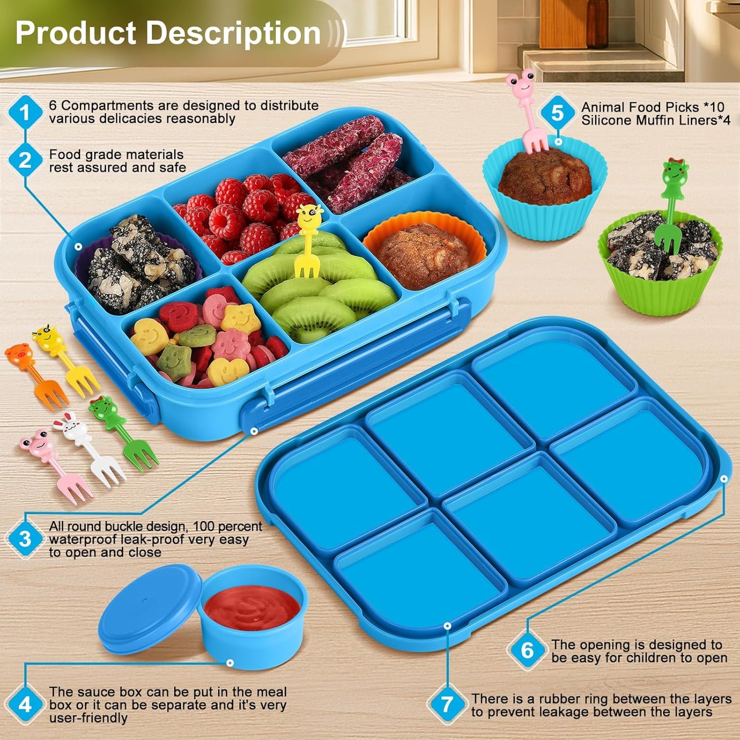 Amathley Lunch Box Kids Girls Boys,Bento Box Adult,Toddler Lunch Containers for School,Leakproof Snack Containers with 6 Compartments,Sauce Container,10 Food Picks and 4 Muffin Cups (Green)